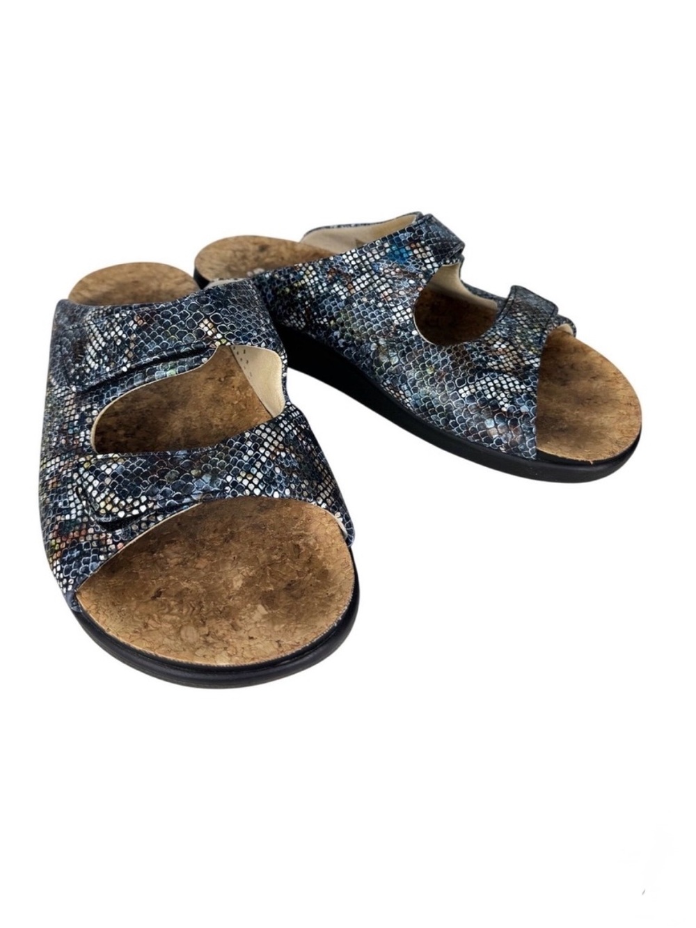 SAS Cozy Slide Comfort Women Blue Multi Snakeskin Leather Slide Sandals 10 Wide
